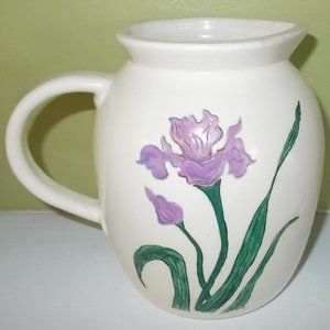 Vintage 1983 Ceramic Pitcher Purple Iris Flower Green Stems, Cream Base Handmade